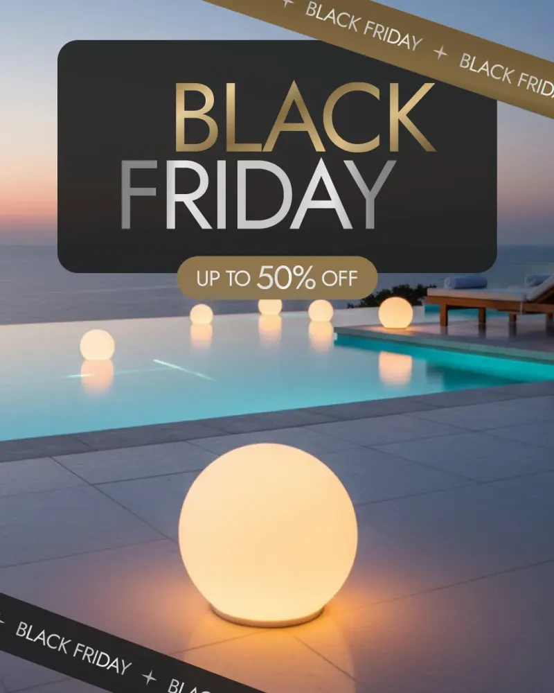 Image ad: a Black Friday promotion, up to 50% off, with a glowing lamp by a pool