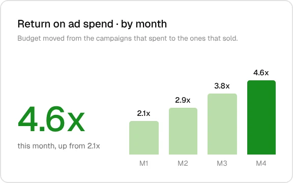 Return on ad spend by month, rising from 2.1x to 4.6x