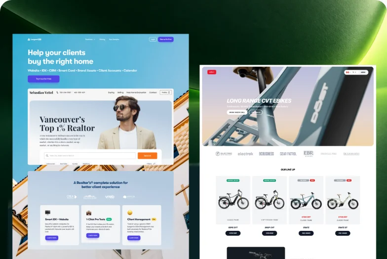 Two websites side by side: a realtor's lead page and an e-bike store's product grid