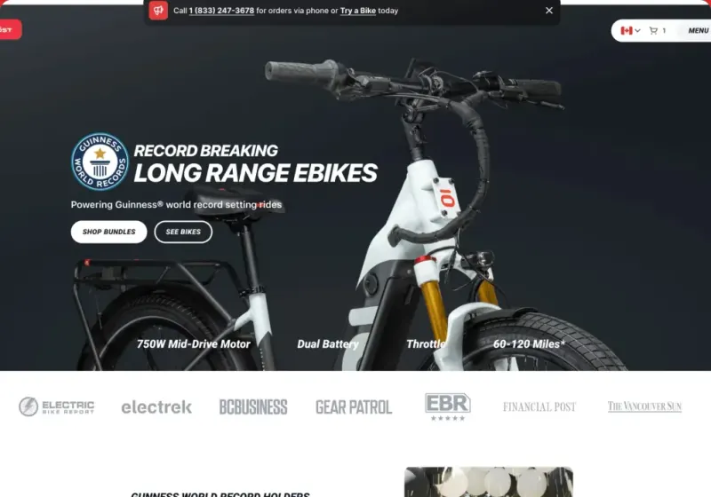 The DŌST homepage: “Record breaking long range ebikes” beside a white e-bike